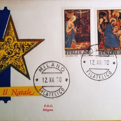 Natale 1970, Cartolina con francobolli, a sinistra Filippo Lippi, a destra Gentile da Fabriano
